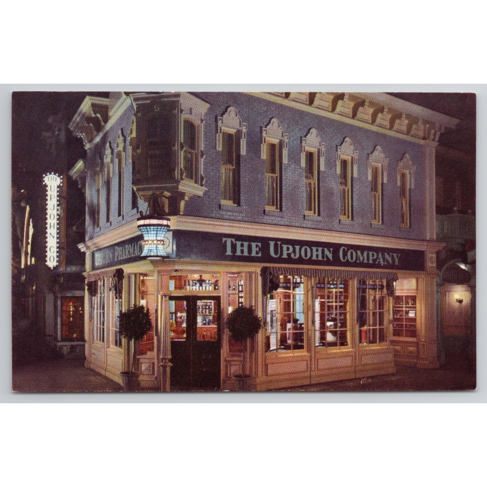 Vintage Disneyland Night Scene Main St. Postcard The Upjohn Co. Drugstore c.1950